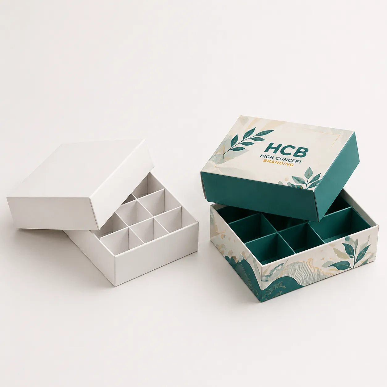 Elegant two-piece rigid boxes with internal grid dividers for organizing small luxury items or confectionery. class=